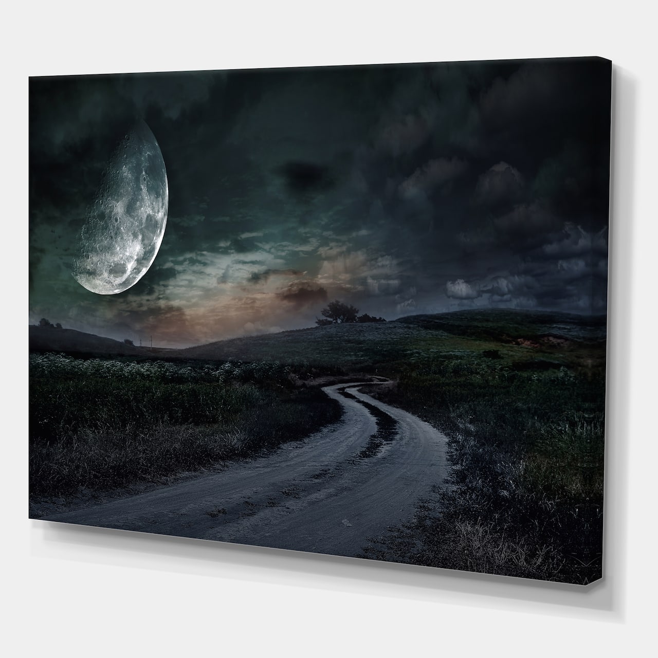 Designart - Rural Road Through The Meadow Under Full Moon - Nautical &#x26; Coastal Canvas Wall Art Print